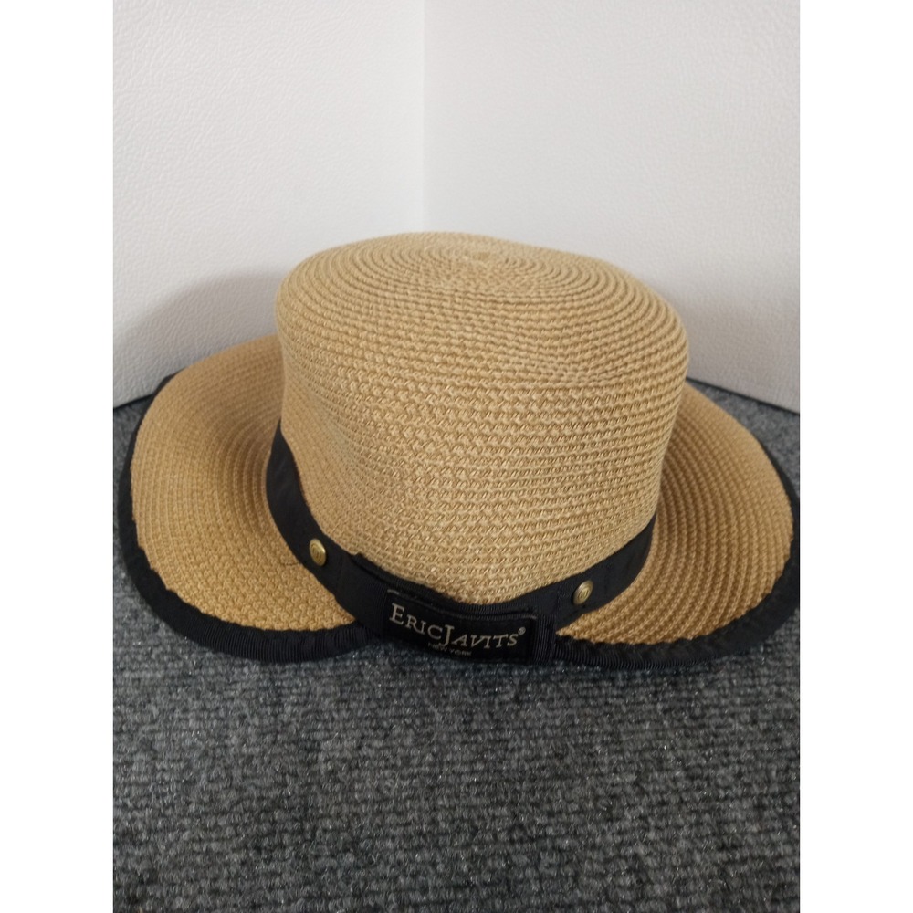 Vintage Eric Javits New York Squishee Straw Sunburst Hat Fedora Black Ribbon Y2K